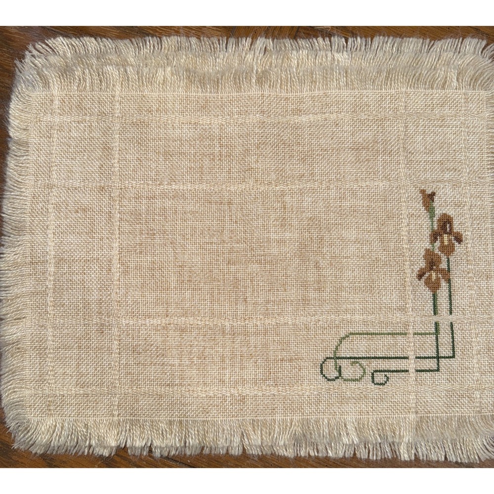 Cross Stitch Placemats 4 Tan‎ Mat With Fringe With Brown Green Flowers 12"x16.5"